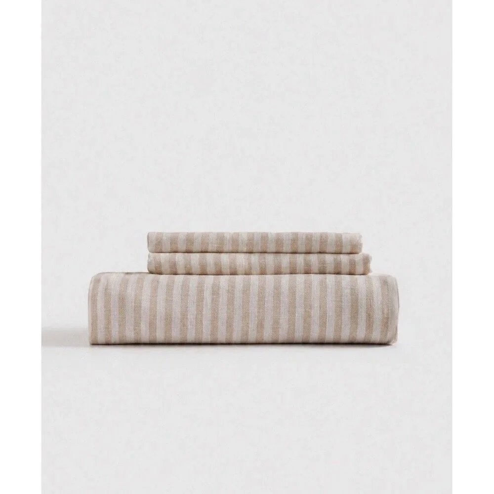 Quince European Linen Stripe Flat Sheet Set King Natural White Stripe NEW $140